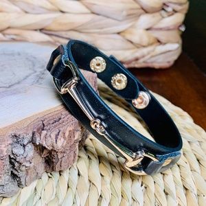 Horseshoe Gold Stirrup Black Vegan Leather Bracelet, snap closure